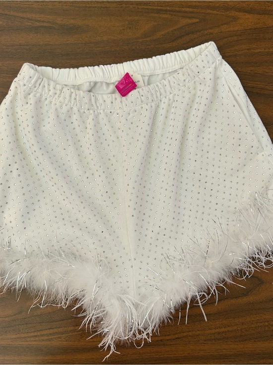 QUEEN OF SPARKLES Pants - QUEEN OF SPARKLES White Feather Trim Rhinestone Shorts